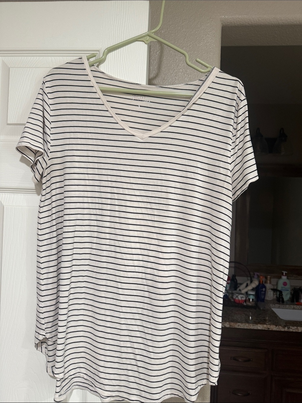 Grace & Lace White V-Neck Short Sleeve Tee with Black Stripes